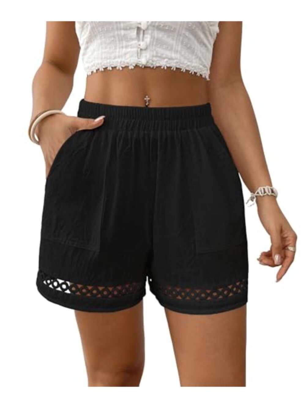 100% Cotton Elastic Waist Lace Trim Casual Beach Shorts with Pockets